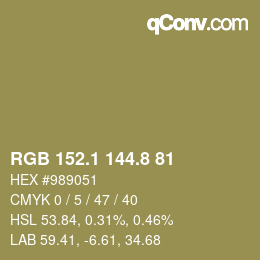 Color code: RGB 152.1 144.8 81 | qconv.com