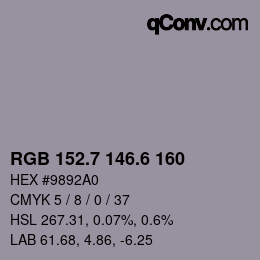 カラーコード: RGB 152.7 146.6 160 | qconv.com