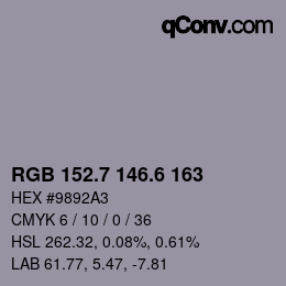 カラーコード: RGB 152.7 146.6 163 | qconv.com