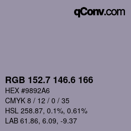 カラーコード: RGB 152.7 146.6 166 | qconv.com