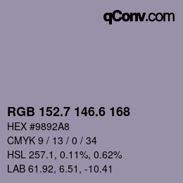 カラーコード: RGB 152.7 146.6 168 | qconv.com