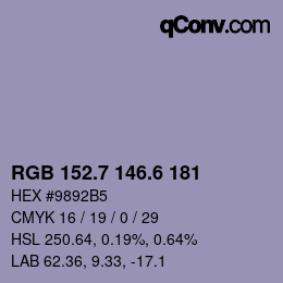 カラーコード: RGB 152.7 146.6 181 | qconv.com