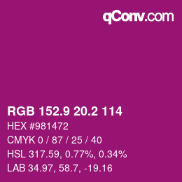 カラーコード: RGB 152.9 20.2 114 | qconv.com