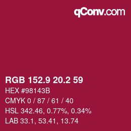 カラーコード: RGB 152.9 20.2 59 | qconv.com