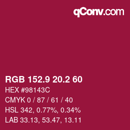 カラーコード: RGB 152.9 20.2 60 | qconv.com
