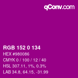 カラーコード: RGB 152 0 134 | qconv.com