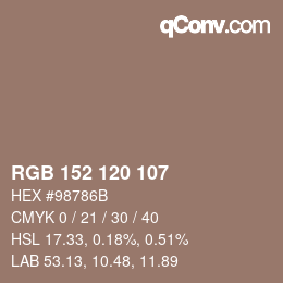 Color code: RGB 152 120 107 | qconv.com