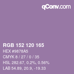 颜色代码: RGB 152 120 165 | qconv.com