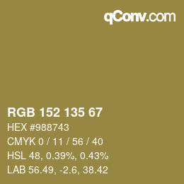 Color code: RGB 152 135 67 | qconv.com