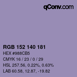 颜色代码: RGB 152 140 181 | qconv.com