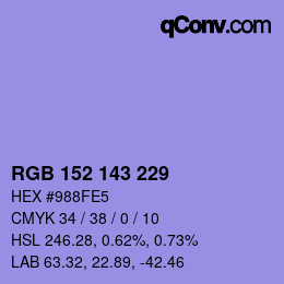 颜色代码: RGB 152 143 229 | qconv.com