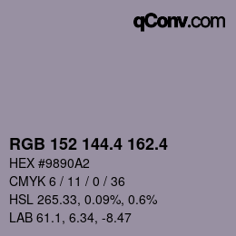 カラーコード: RGB 152 144.4 162.4 | qconv.com