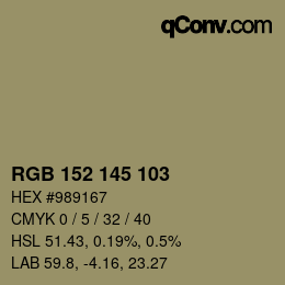 Color code: RGB 152 145 103 | qconv.com