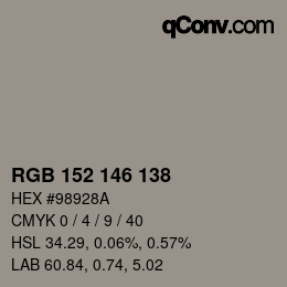 カラーコード: RGB 152 146 138 | qconv.com