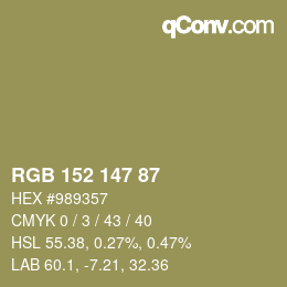 Color code: RGB 152 147 87 | qconv.com
