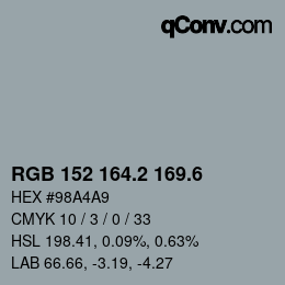カラーコード: RGB 152 164.2 169.6 | qconv.com