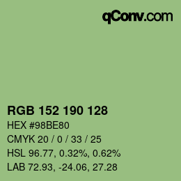 Color code: RGB 152 190 128 | qconv.com