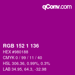 颜色代码: RGB 152 1 136 | qconv.com