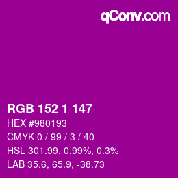 颜色代码: RGB 152 1 147 | qconv.com