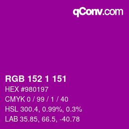 颜色代码: RGB 152 1 151 | qconv.com