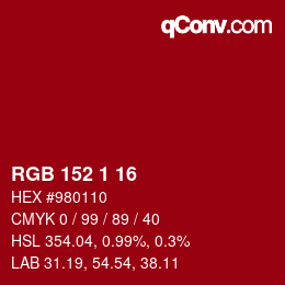 颜色代码: RGB 152 1 16 | qconv.com