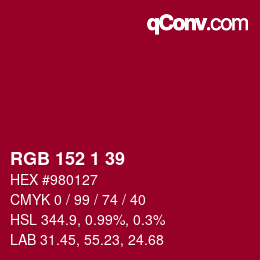 颜色代码: RGB 152 1 39 | qconv.com