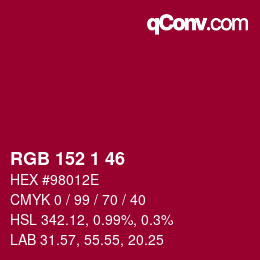カラーコード: RGB 152 1 46 | qconv.com