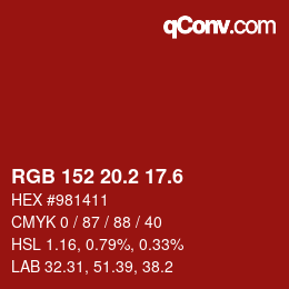 カラーコード: RGB 152 20.2 17.6 | qconv.com
