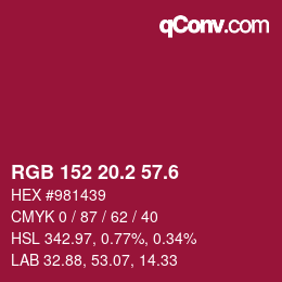 カラーコード: RGB 152 20.2 57.6 | qconv.com