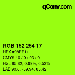 カラーコード: RGB 152 254 17 | qconv.com