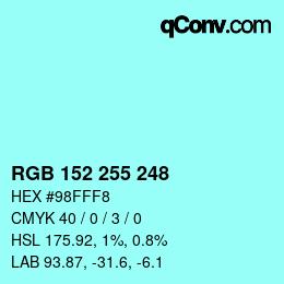 Color code: RGB 152 255 248 | qconv.com