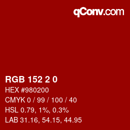 颜色代码: RGB 152 2 0 | qconv.com
