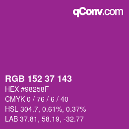 颜色代码: RGB 152 37 143 | qconv.com