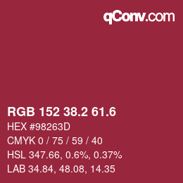 カラーコード: RGB 152 38.2 61.6 | qconv.com