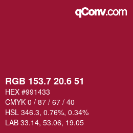カラーコード: RGB 153.7 20.6 51 | qconv.com