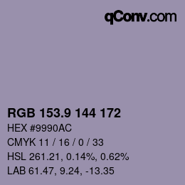 カラーコード: RGB 153.9 144 172 | qconv.com