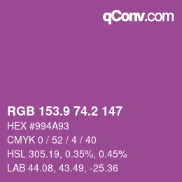 カラーコード: RGB 153.9 74.2 147 | qconv.com