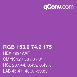 カラーコード: RGB 153.9 74.2 175 | qconv.com