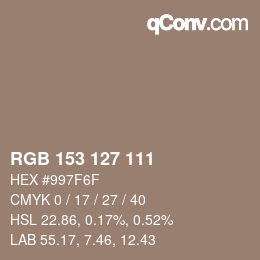 颜色代码: RGB 153 127 111 | qconv.com