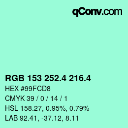 カラーコード: RGB 153 252.4 216.4 | qconv.com