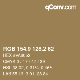 Color code: RGB 154.9 128.2 82 | qconv.com