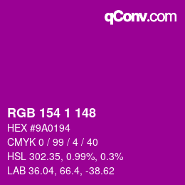 颜色代码: RGB 154 1 148 | qconv.com
