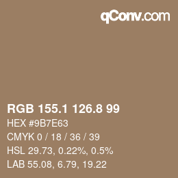 Color code: RGB 155.1 126.8 99 | qconv.com