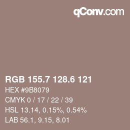 カラーコード: RGB 155.7 128.6 121 | qconv.com