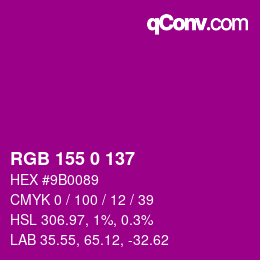 カラーコード: RGB 155 0 137 | qconv.com