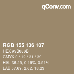 Color code: RGB 155 136 107 | qconv.com