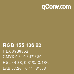 Color code: RGB 155 136 82 | qconv.com