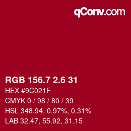 カラーコード: RGB 156.7 2.6 31 | qconv.com