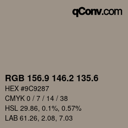 カラーコード: RGB 156.9 146.2 135.6 | qconv.com