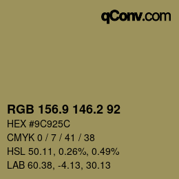 Color code: RGB 156.9 146.2 92 | qconv.com